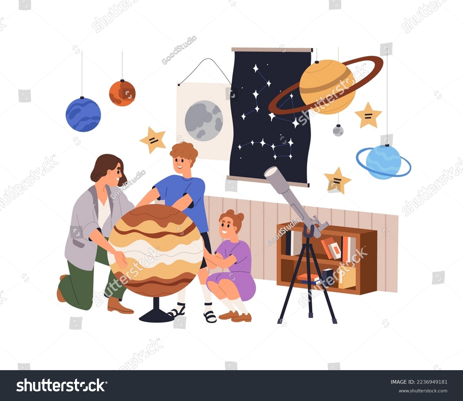 Dreidimensionales Lernspiel Für Den Astronomieunterricht Astronomy Classroom With Telescope Planet Models Vector Image
